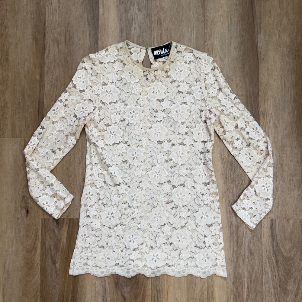 Vintage Lace Blouse Cream gold Floral Long Sleeve 12 coverup boho festival